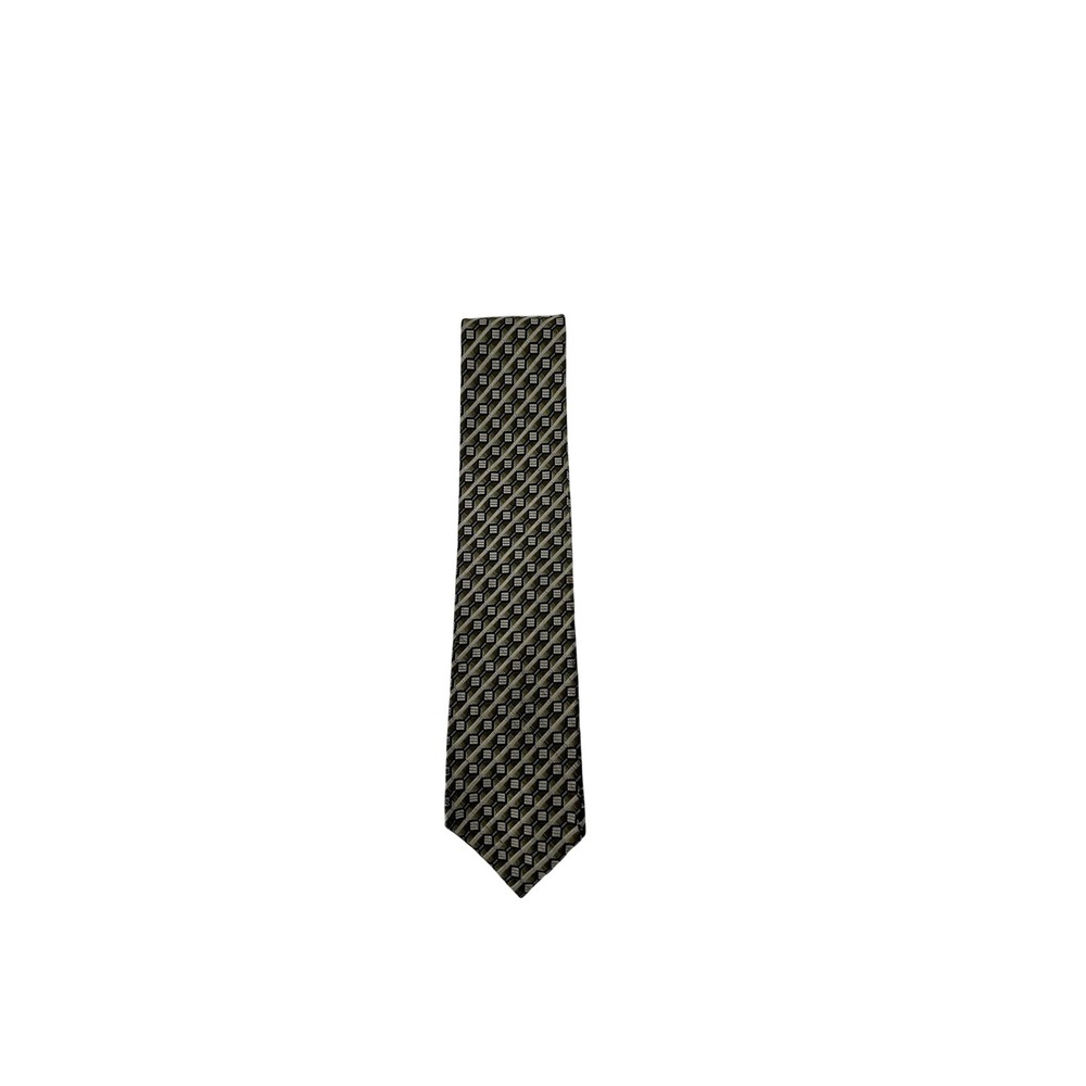 Brandini Le Collezioni Mens Silk Necktie Green Grey Geometric Pattern Tie